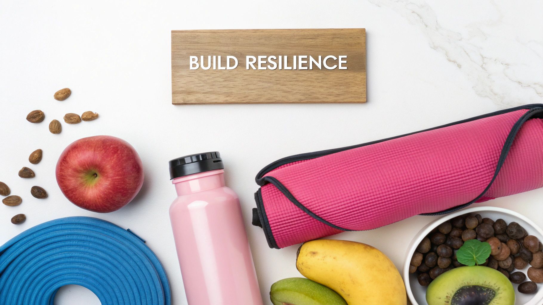 A flat lay of fitness gear, healthy snacks, and a sign saying 'BUILD RESILIENCE' on a white background.