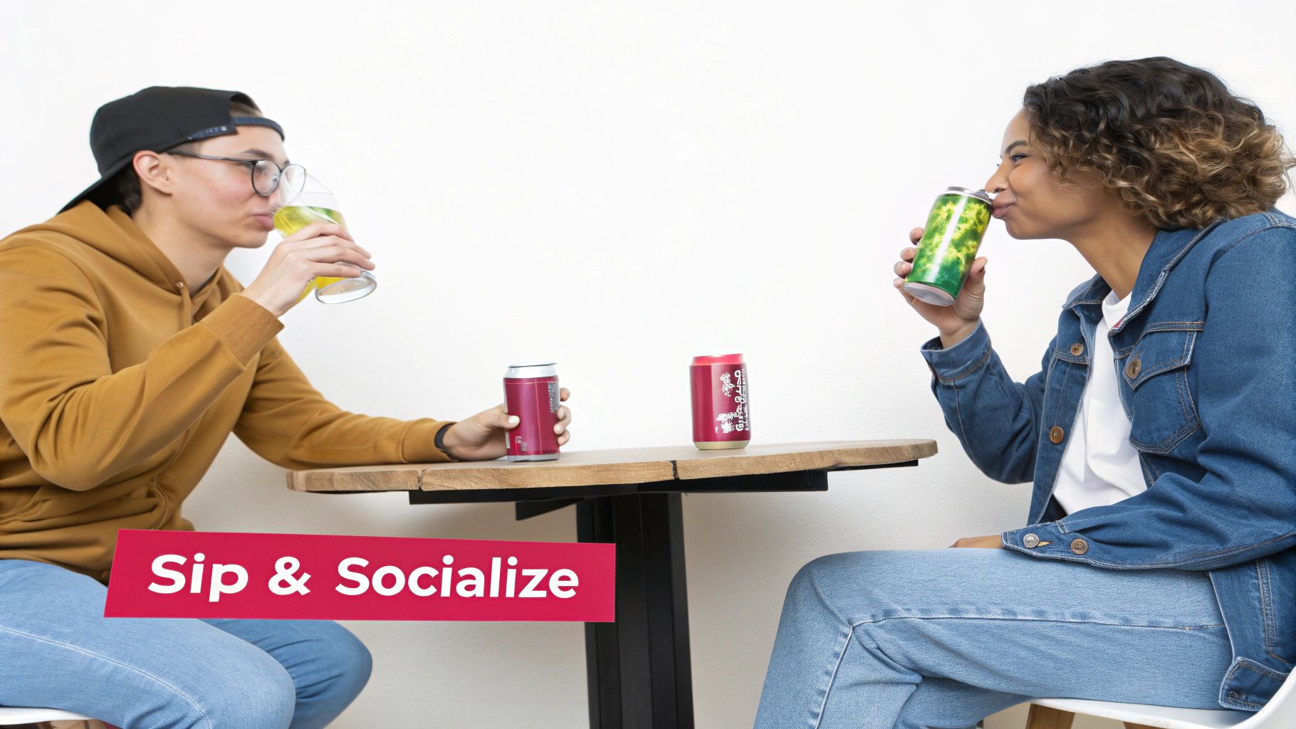 Two friends sitting at a wooden table, sipping drinks and socializing together.
