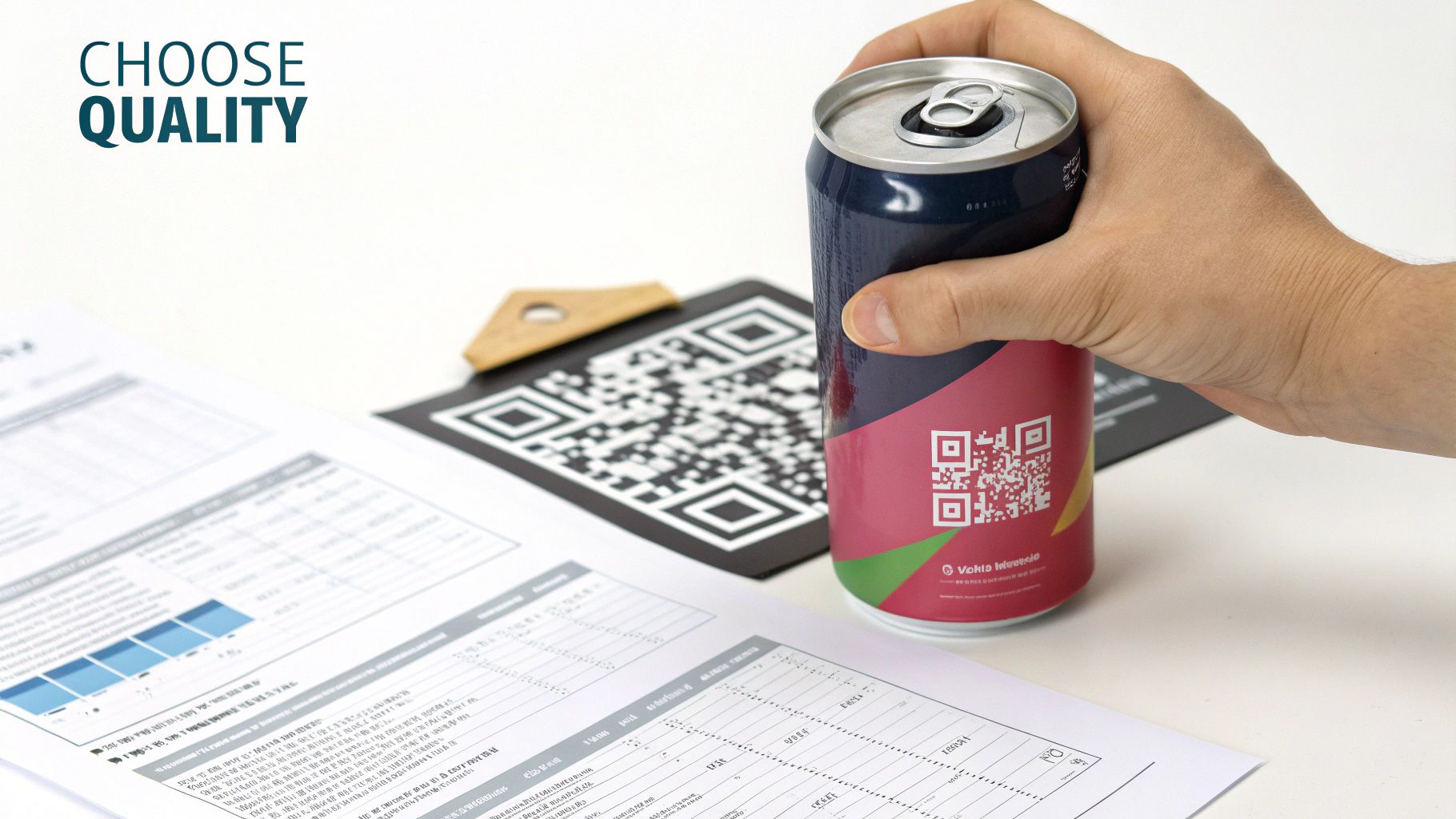 A hand holds a beverage can with a QR code, documents, and 'CHOOSE QUALITY' text.