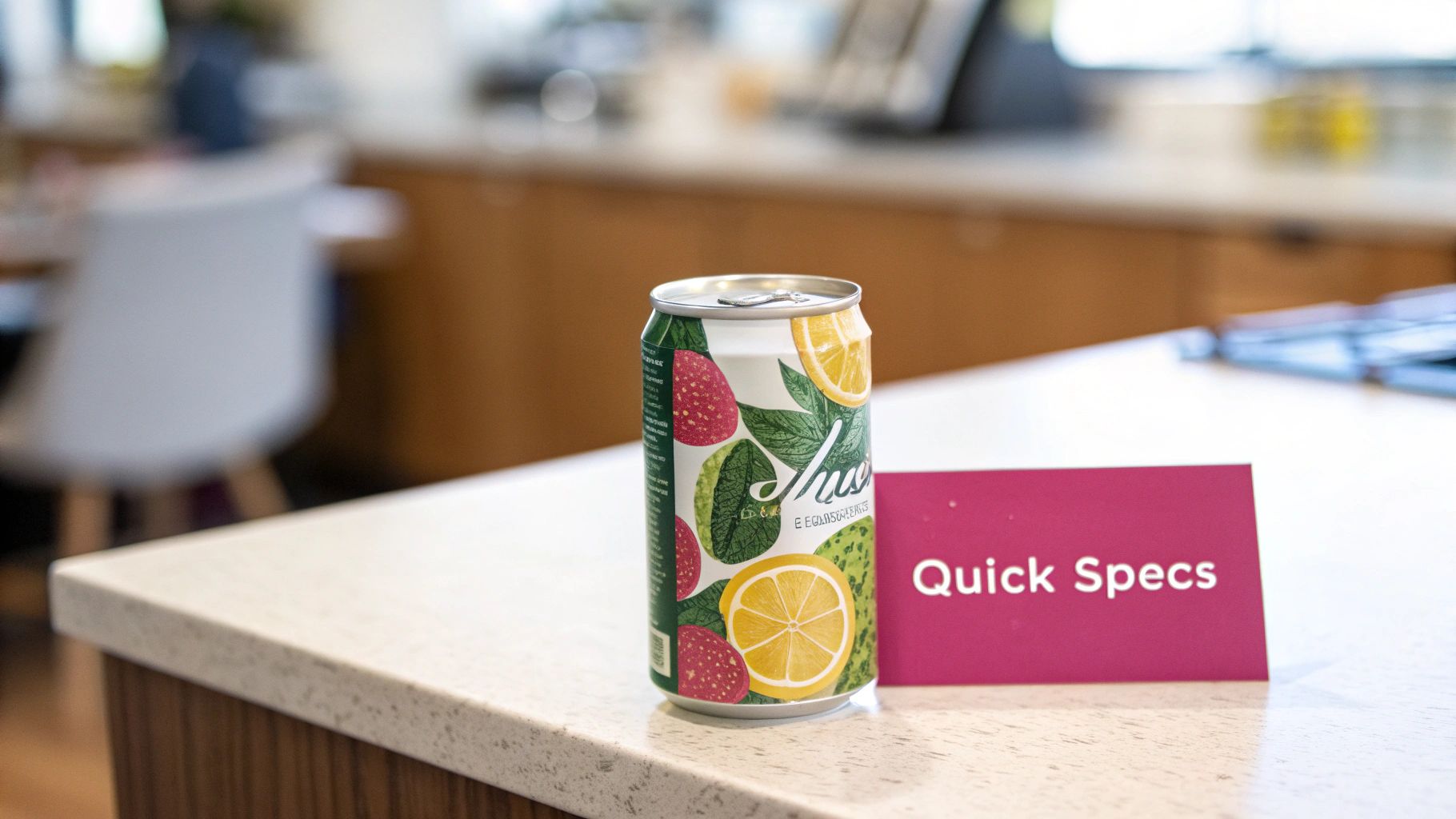 A colorful fruit-patterned drink can sits on a countertop next to a pink card labeled 'Quick Specs'.