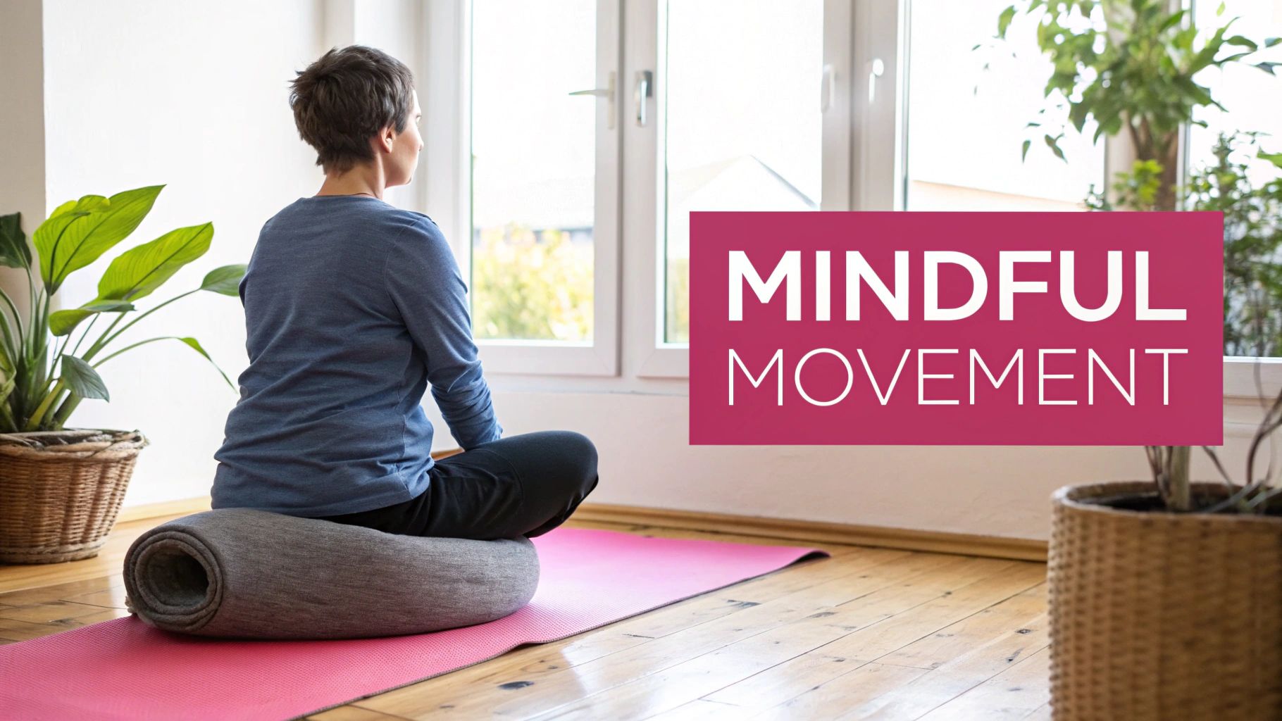 A person meditating on a yoga mat with plants, looking out a window, with 'MINDFUL MOVEMENT' text.