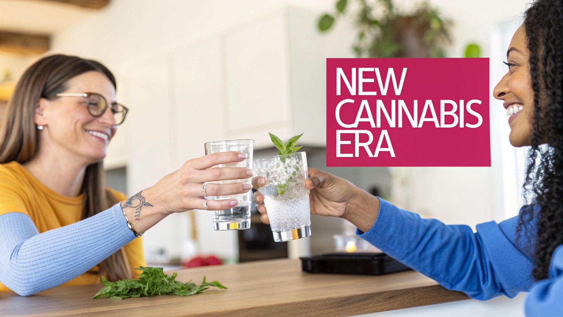 Two smiling women toast with refreshing drinks, one with green leaves, under a 'NEW CANNABIS ERA' sign.