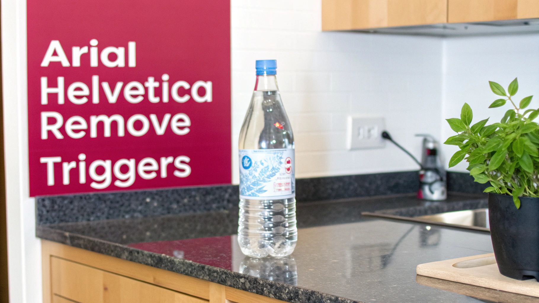 A modern kitchen counter features a red sign with text, a bottled water, and a fresh potted herb.