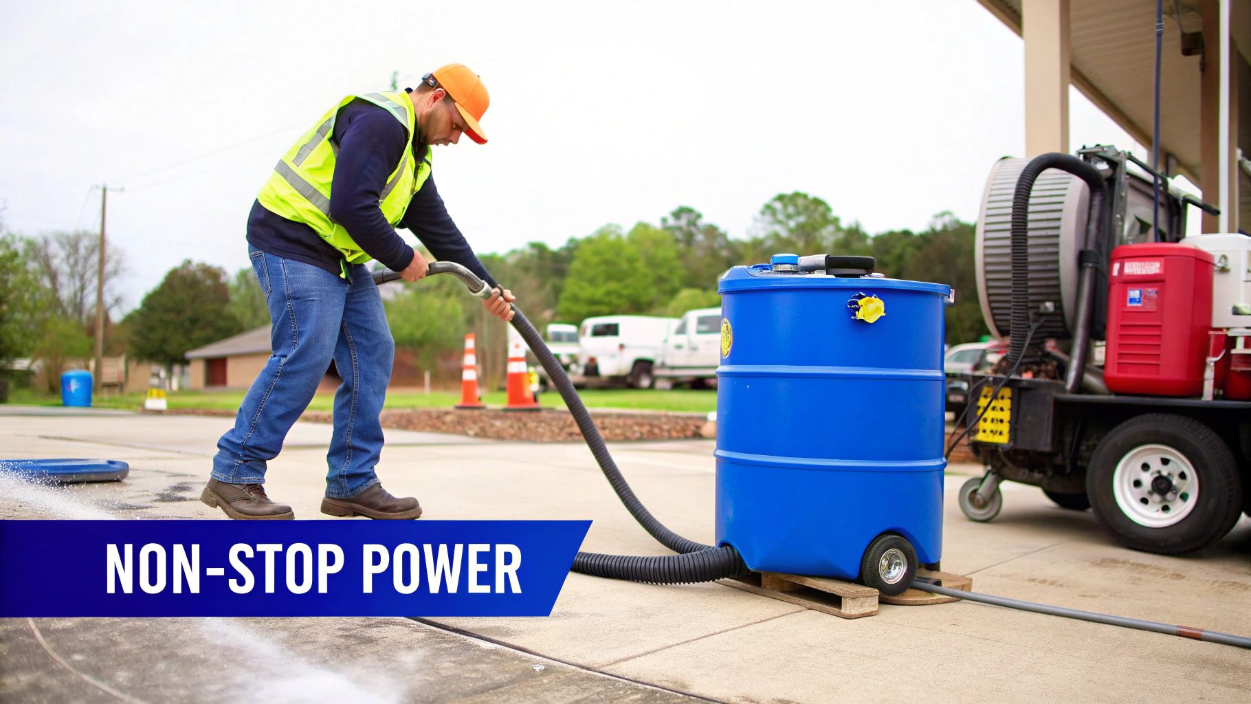 A worker in a safety vest uses an industrial cyclonic shop vac system with a blue barrel for cleaning.