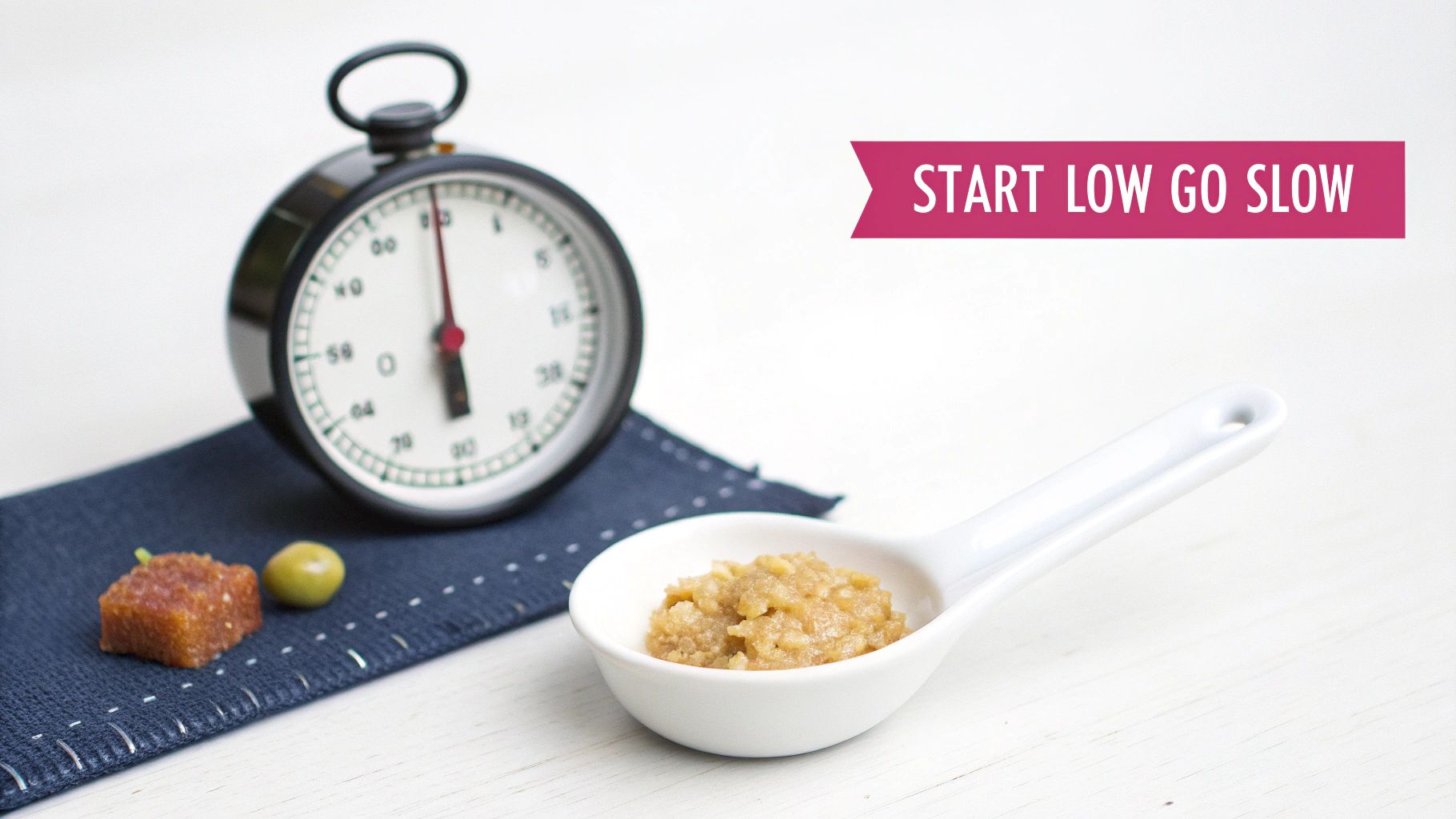 A stopwatch, small brown food cube, olive, and a spoon of paste, with 'START LOW GO SLOW' text.