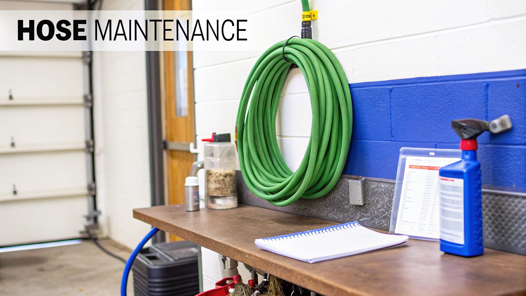 A green garden hose coiled and hanging on a white wall in a workshop, with cleaning supplies on a shelf.