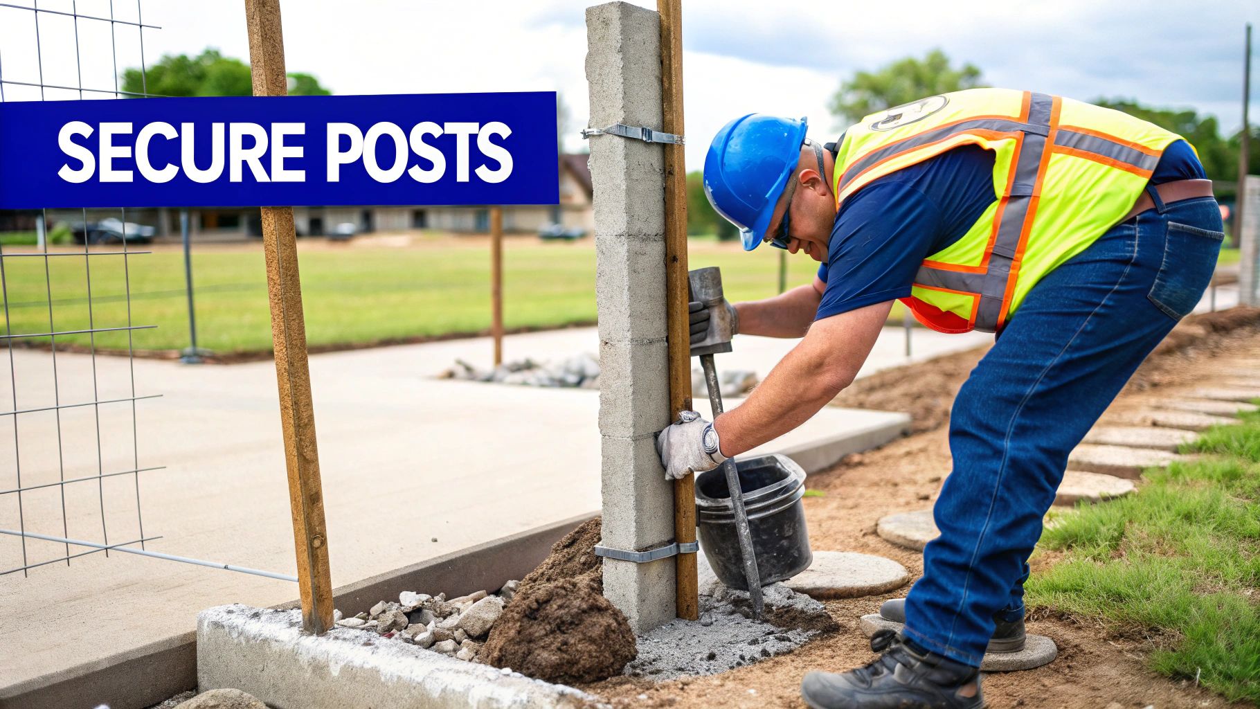 A construction worker in a hard hat and safety vest secures a fence post with concrete.