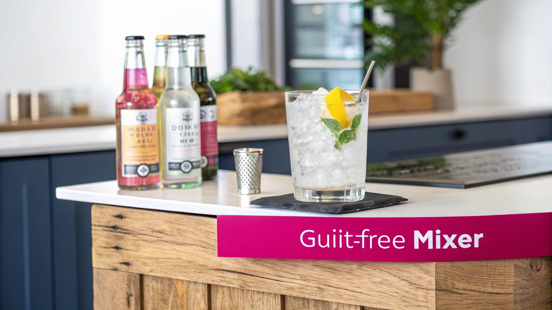 A refreshing, guilt-free mixer drink with ice, lemon, and mint, surrounded by various tonic water bottles on a counter.
