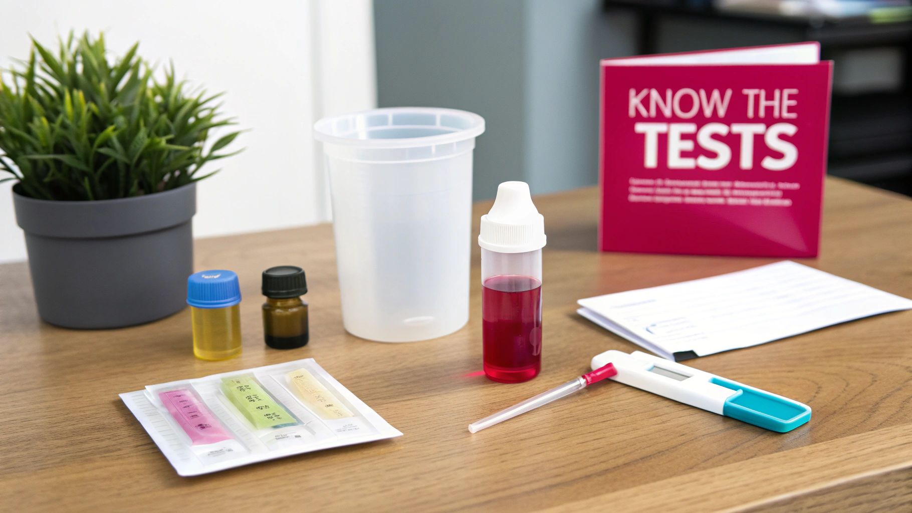Desk with a home drug test kit, featuring vials, test strips, and an instructional booklet.