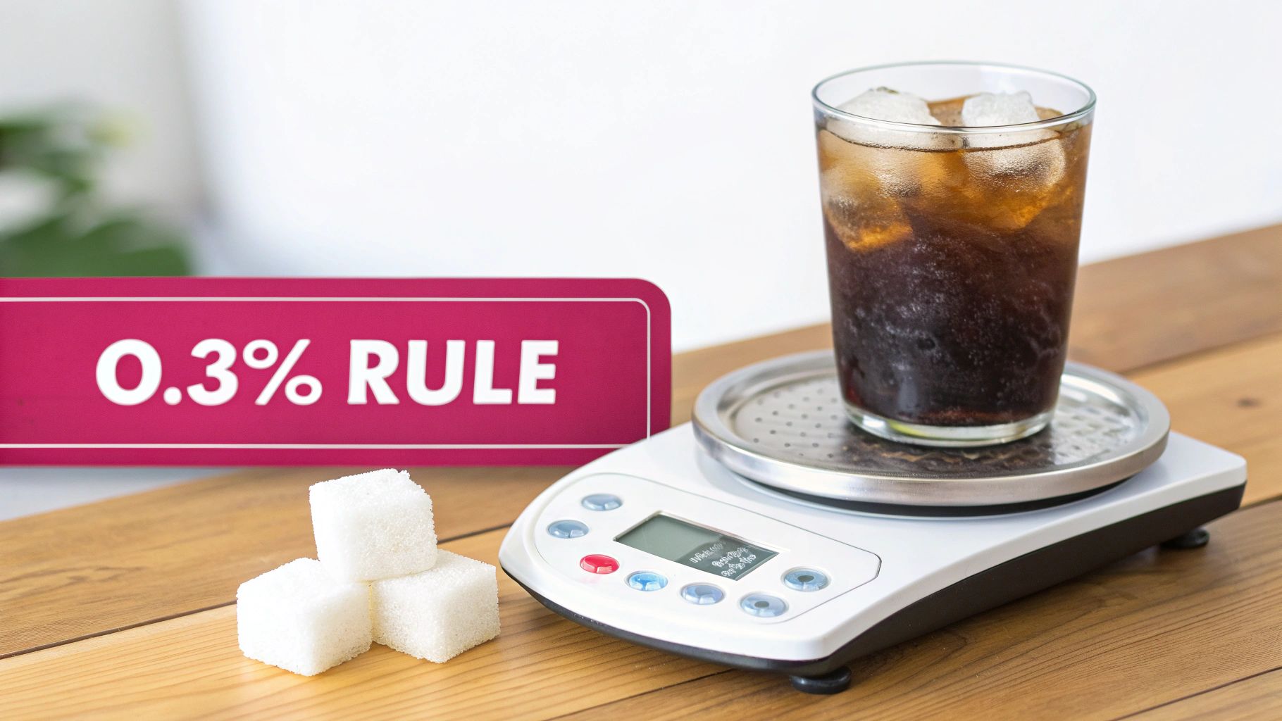 A glass of iced soda on a digital scale, next to sugar cubes and a prominent '0.3% RULE' sign.