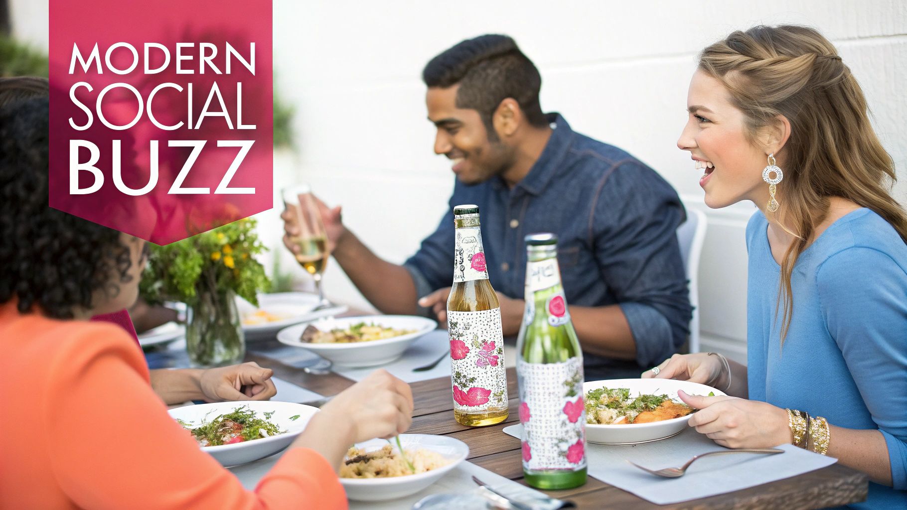 Smiling young adults enjoy an outdoor meal with plates of food and colorful bottled drinks.