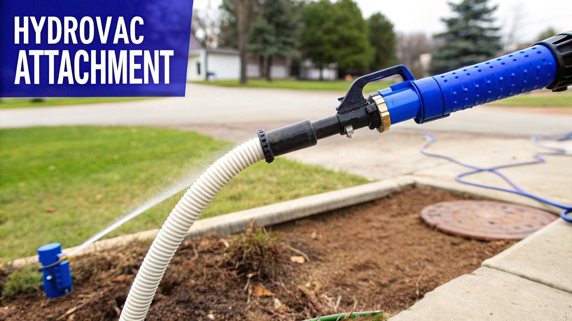 A hydrovac attachment spraying water from a white corrugated hose into soil for digging.
