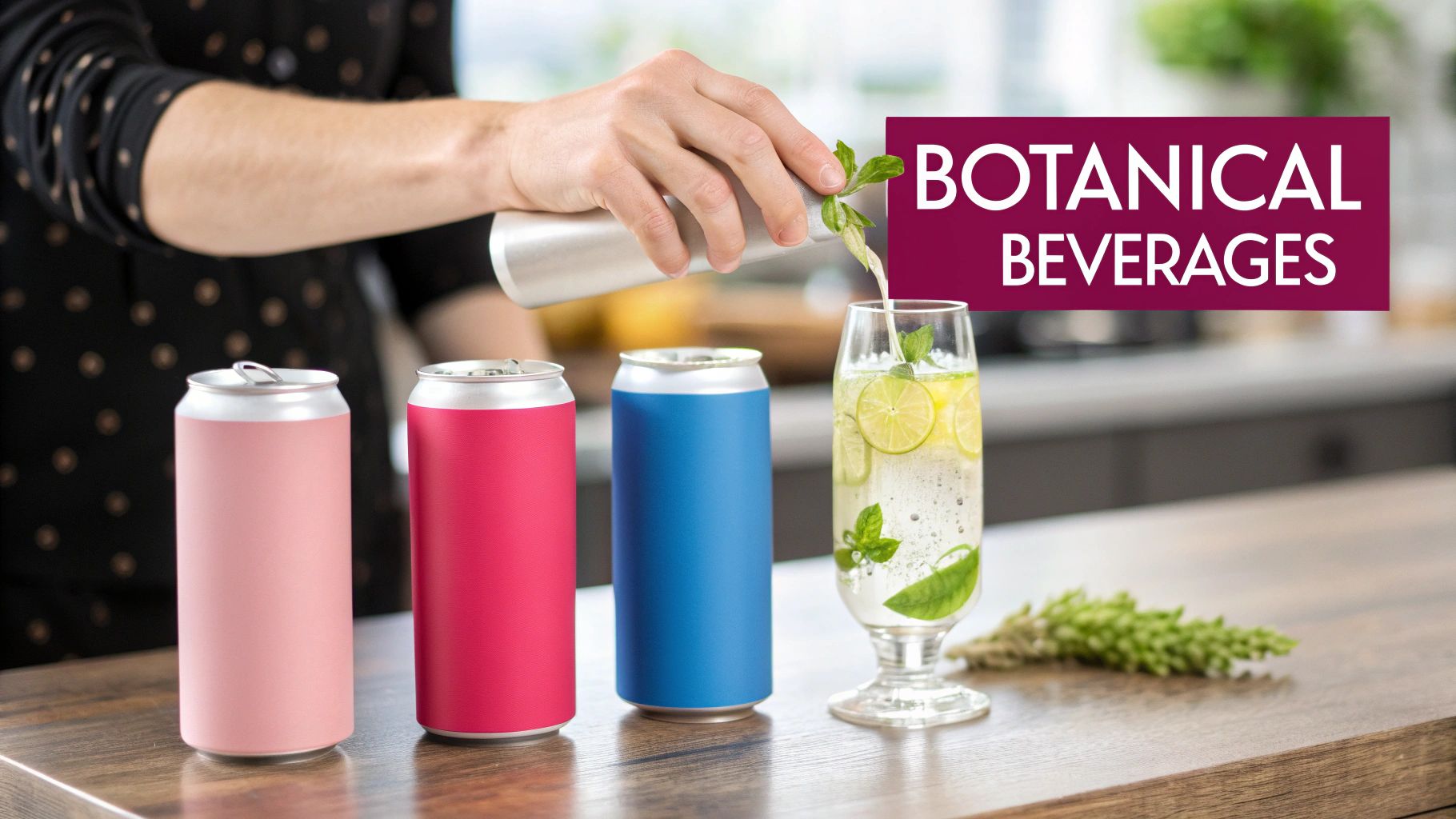 A person pours a refreshing botanical beverage with lime and mint into a glass, next to three colorful cans.