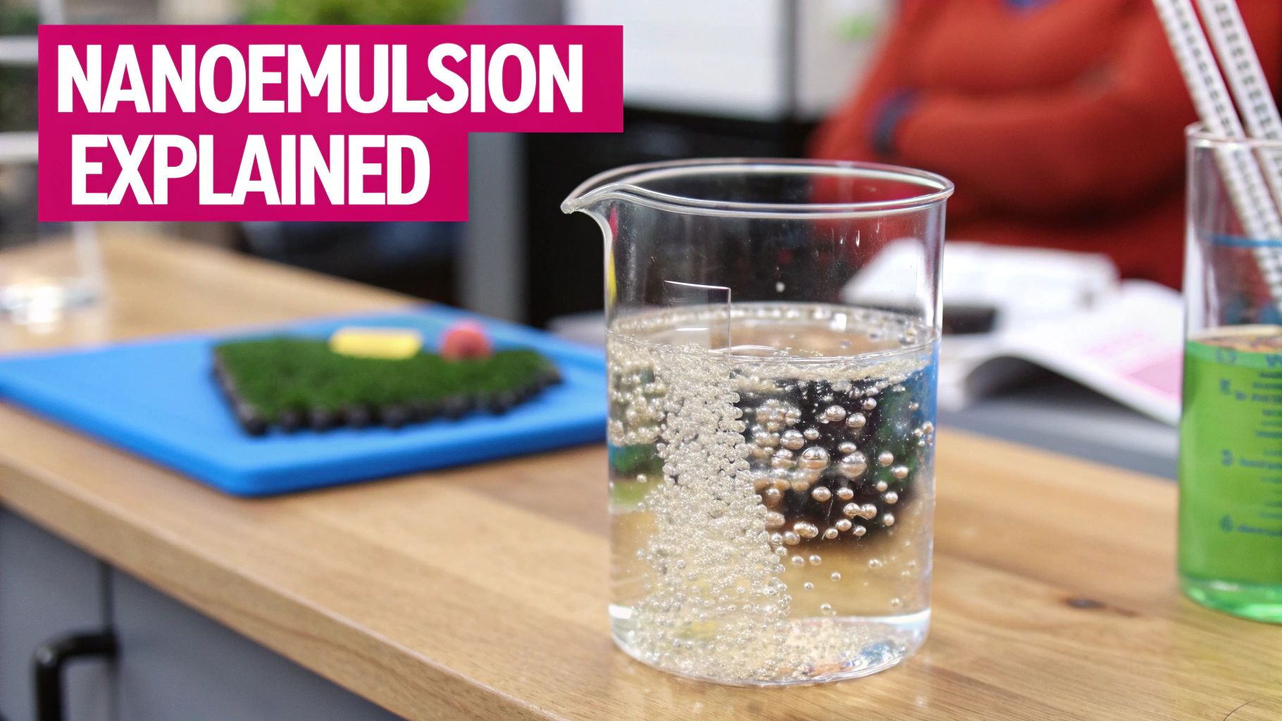 A clear beaker with bubbly liquid and pink text 'NANOEMULSION EXPLAINED' on a wooden table.