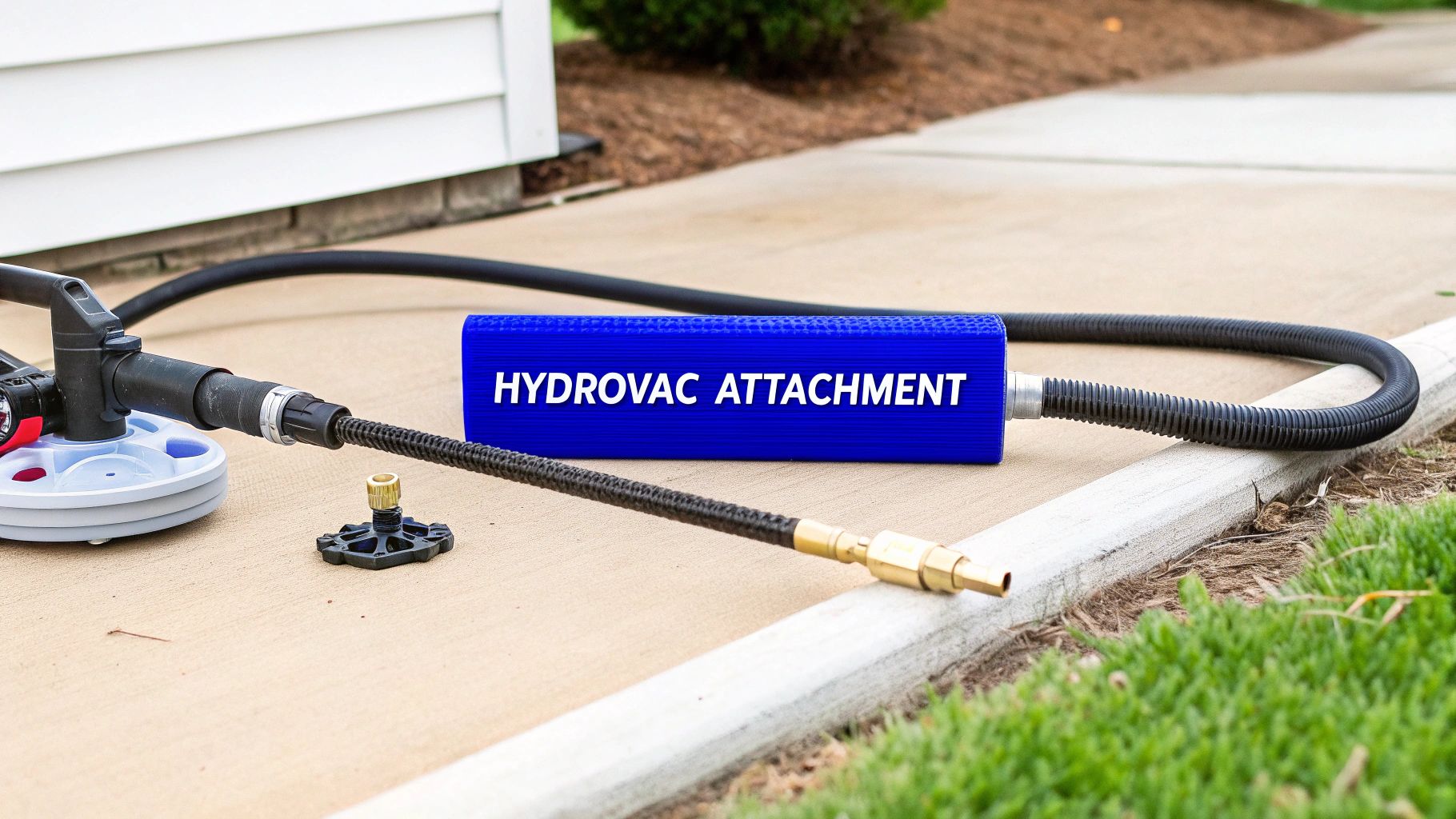 A blue Hydrovac attachment connected to black hoses, lying on a concrete path next to a house.