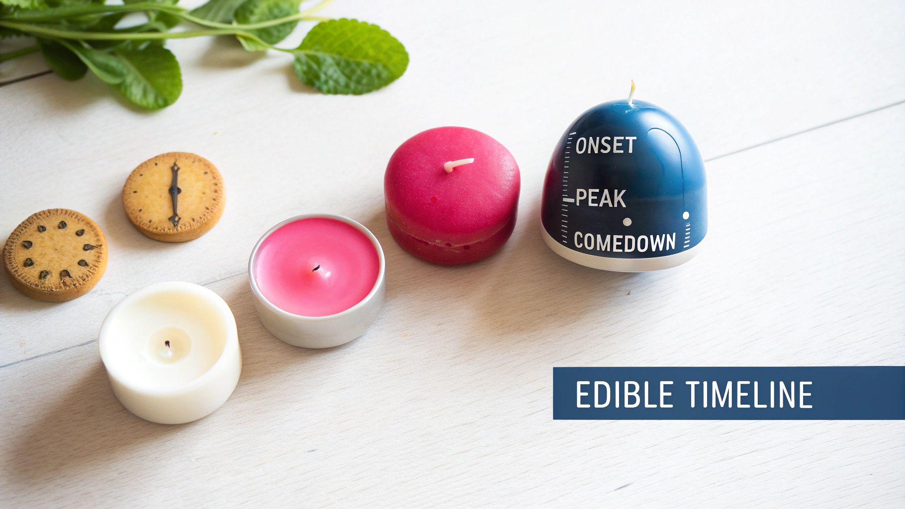 Candles and clock cookies visually represent the onset, peak, and comedown phases of an edible timeline.