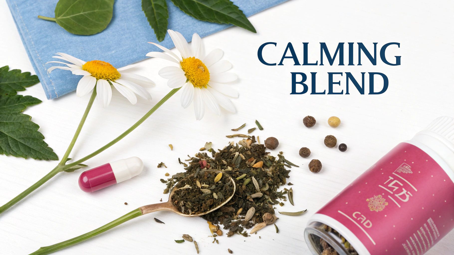 A calming blend of herbal tea, daisies, a capsule, and various spices on a white background.