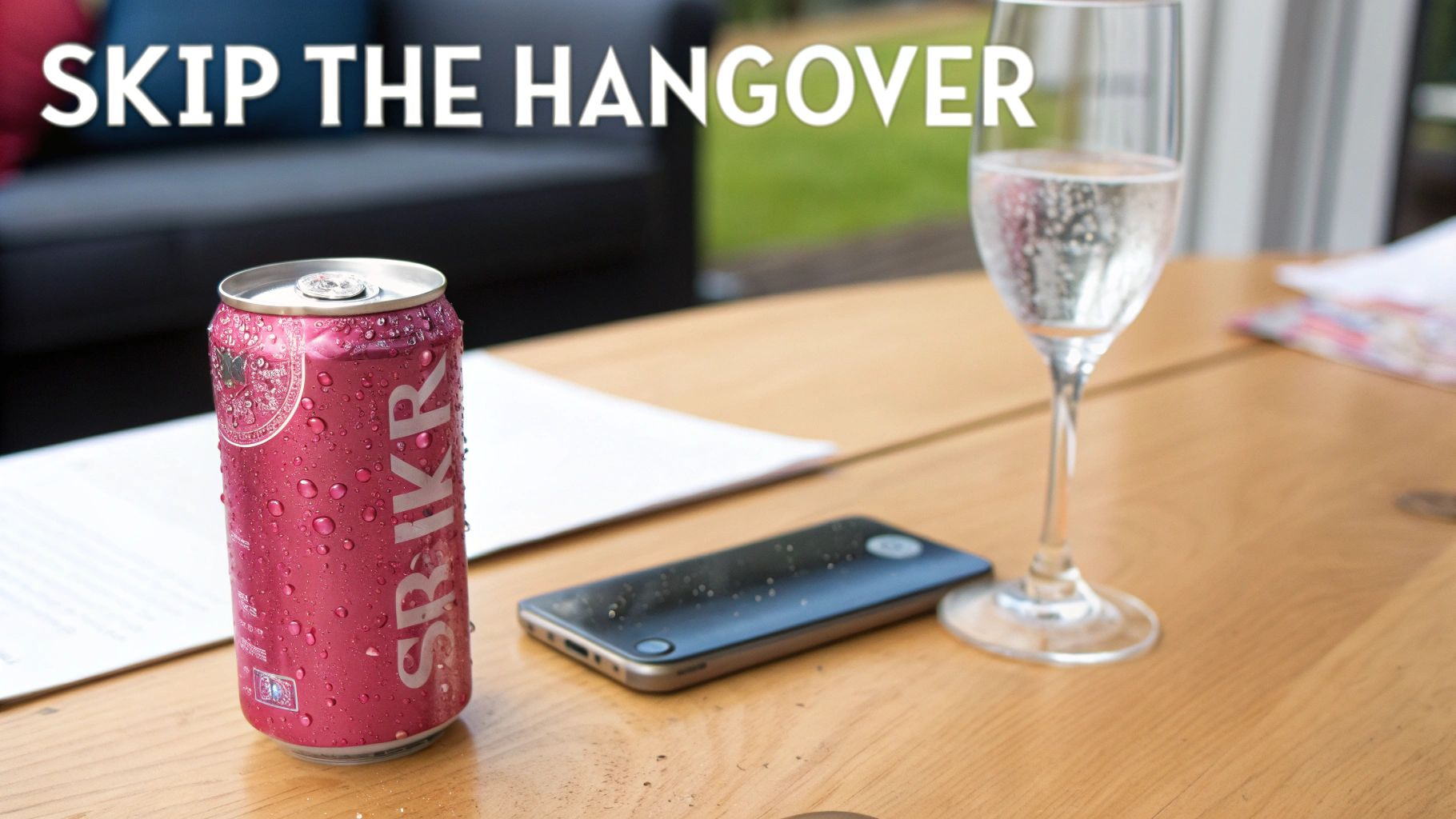 A cold pink SR!KR can and a glass of sparkling water sit on a wooden table outdoors.