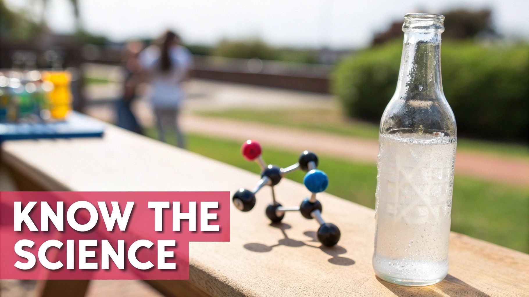 A glass bottle with cloudy liquid and a molecular model on a wooden surface with 'KNOW THE SCIENCE' text.