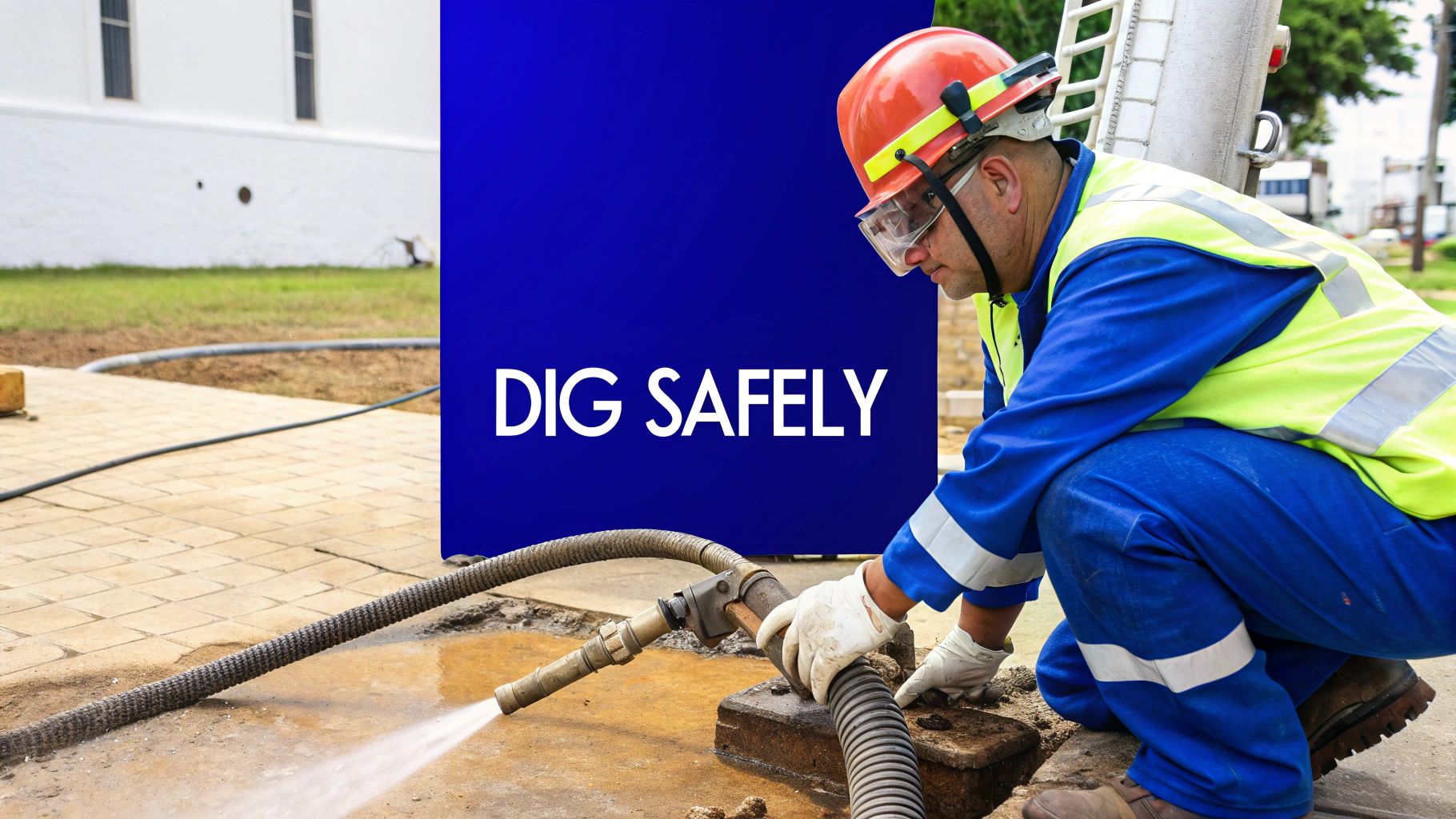 A construction worker in a hard hat and safety vest uses a water jetting tool for safe digging.