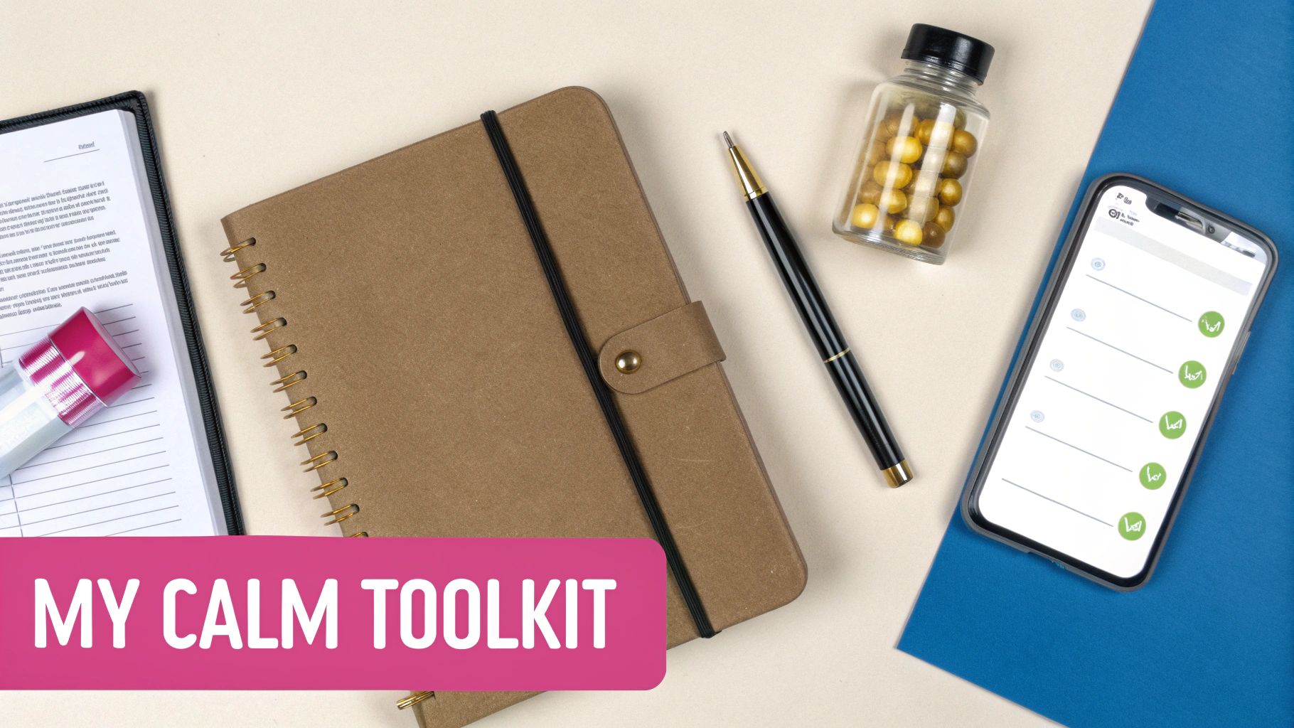 A flat lay of a calm toolkit, including notebooks, pen, pills, and a smartphone.