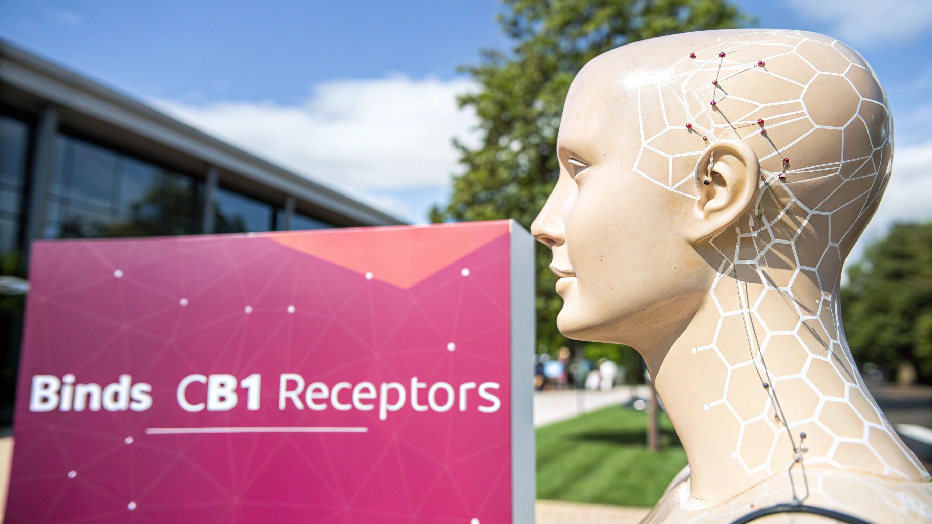 Side profile of a mannequin head with neural patterns and pins, next to a sign reading "Binds CB1 Receptors."