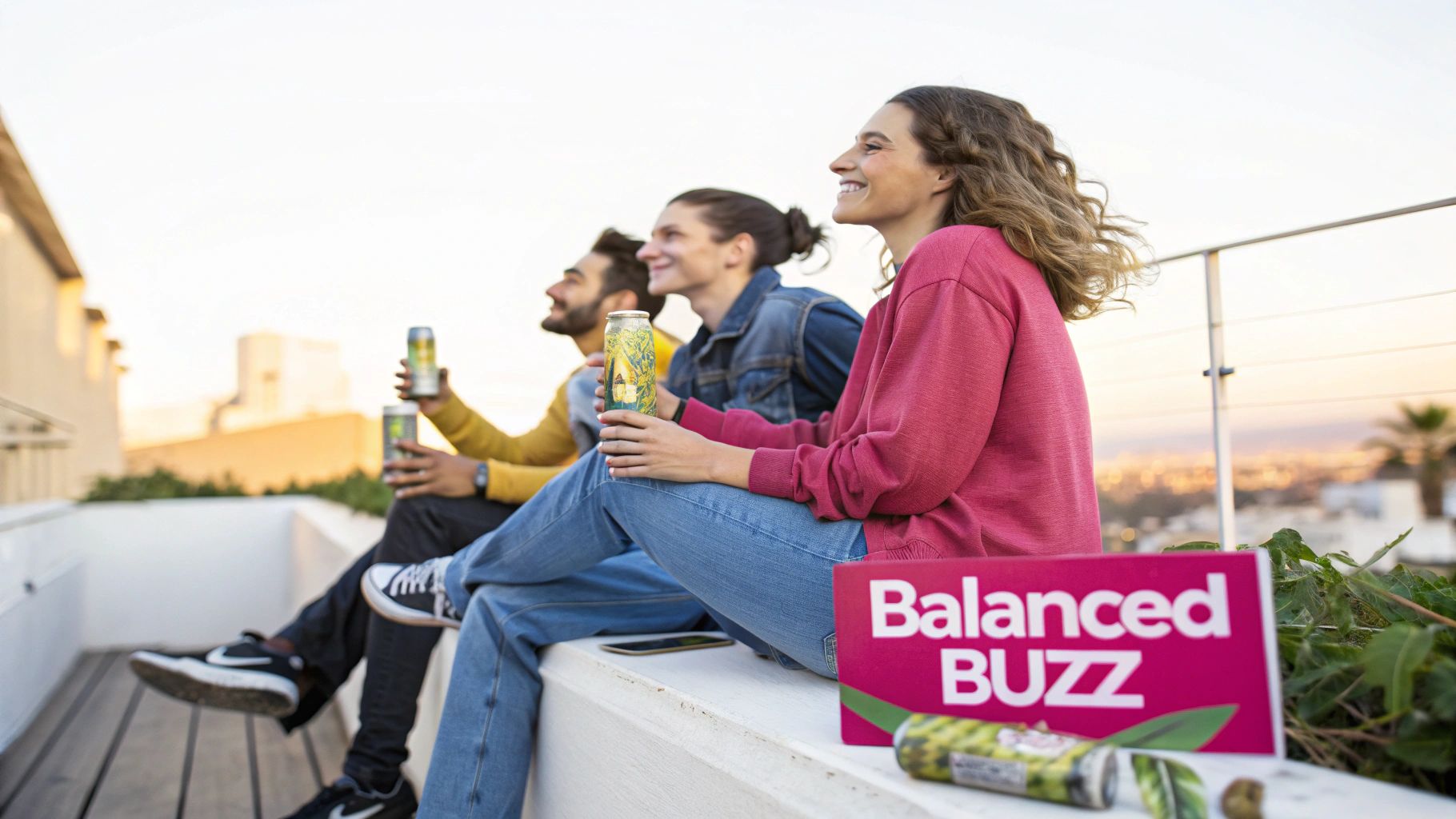 Three smiling friends enjoying Balanced Buzz drinks on a rooftop at sunset.