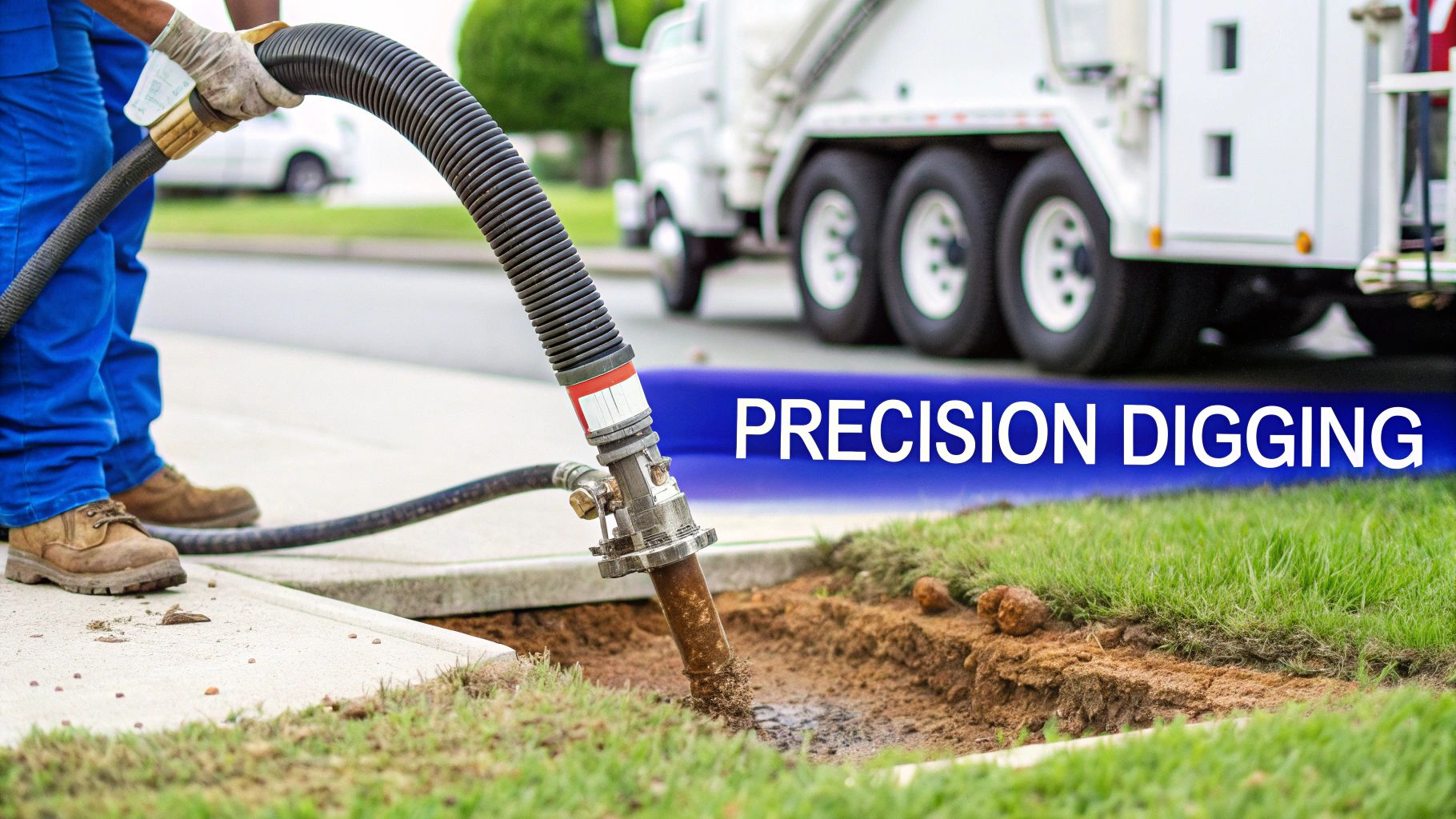 A crew using the Hydrovac Attachment Tool connected to a gasoline powered vacuum to excavate around a pipe.