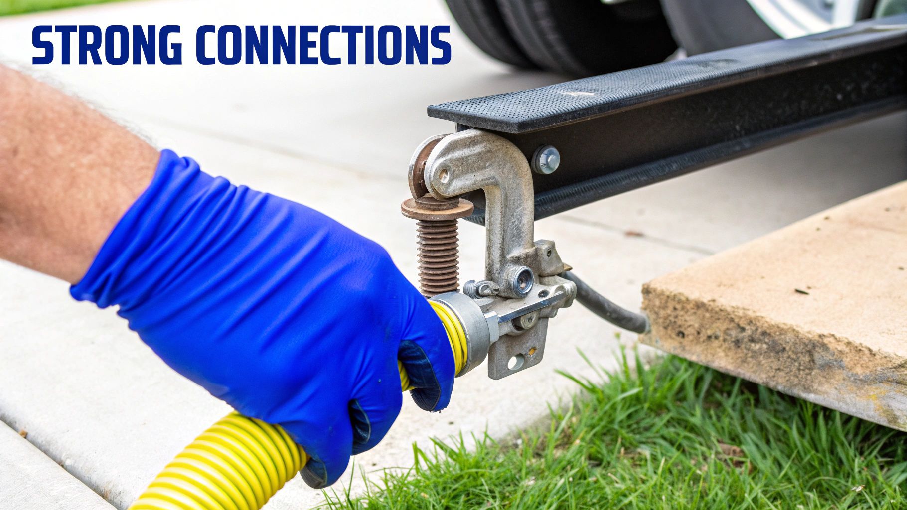 Gloved hand connecting a yellow corrugated hose to a metal fitting on outdoor equipment, emphasizing strong connections.