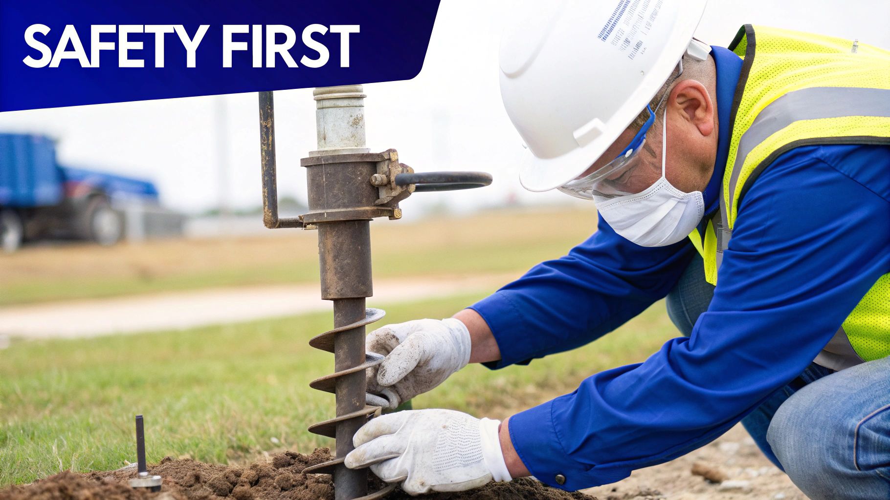 A man in safety gear uses a post hole digger in a field, with "Safety First" text.