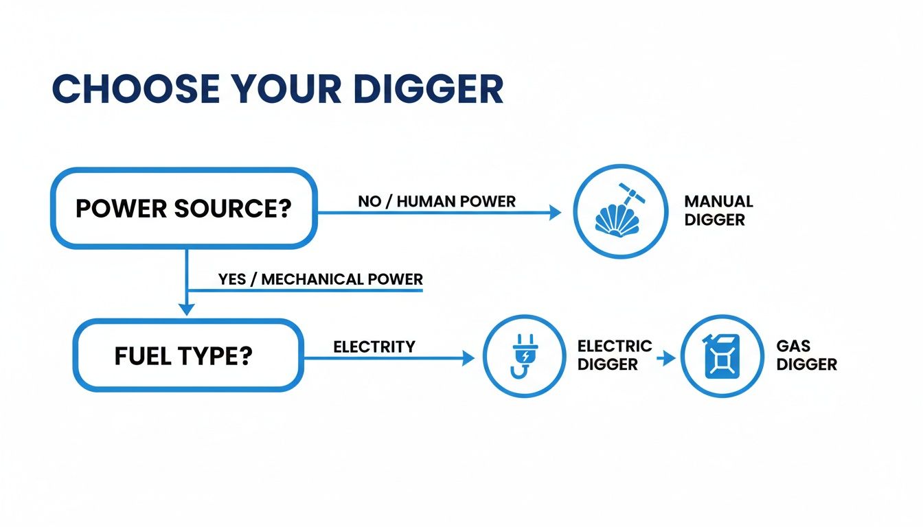 Decision tree for selecting a digger: manual, electric, or gas based on power and fuel.