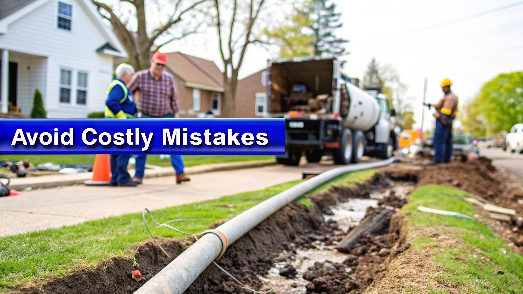 Workers install a new pipeline in a residential street with a blue banner reading Avoid Costly Mistakes.