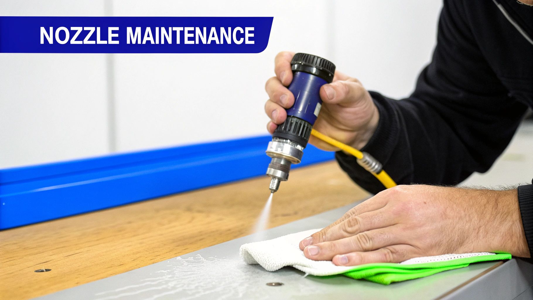 A person performs maintenance on a water jetting nozzle, spraying liquid onto a surface with cloths.