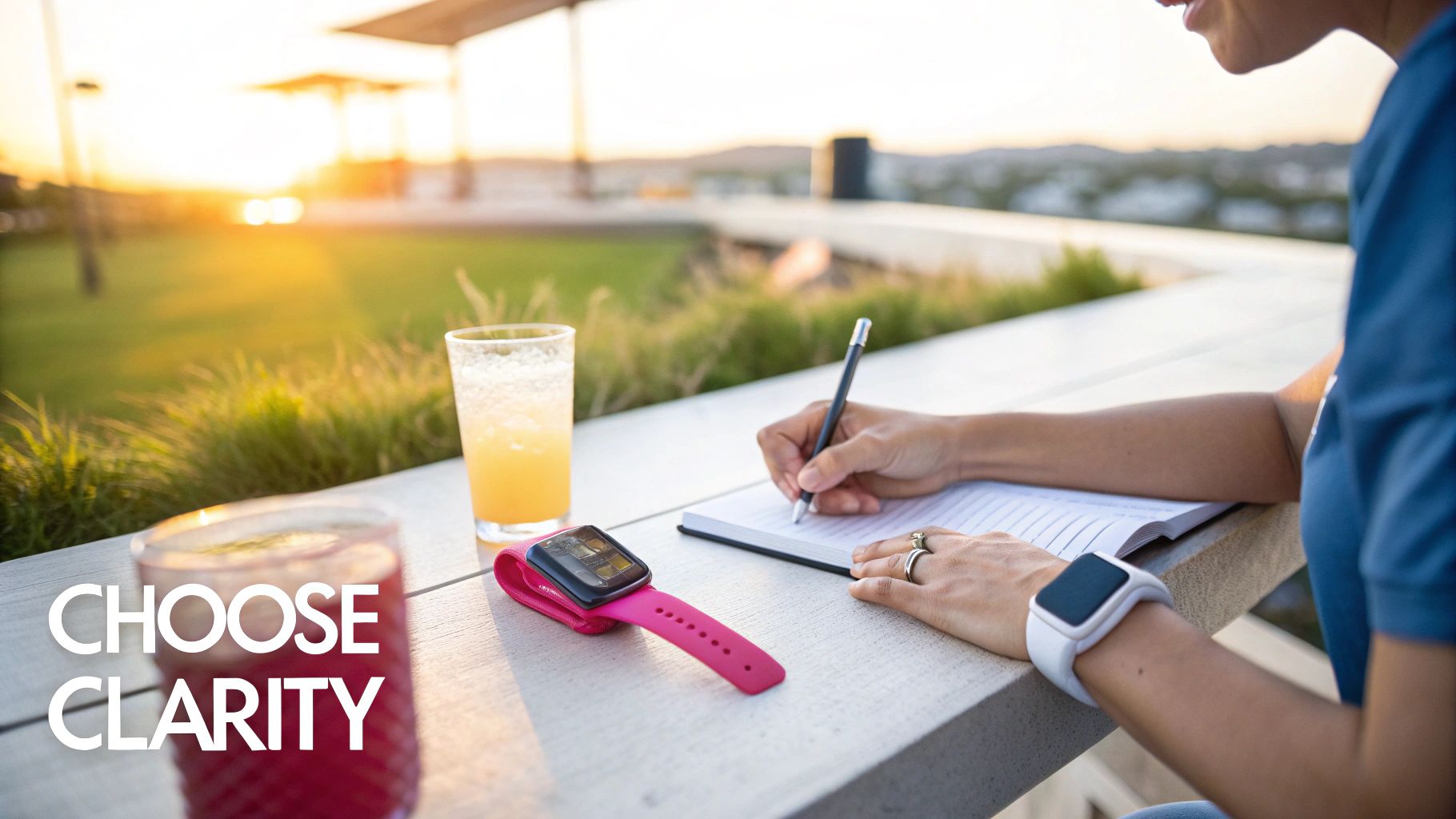 A person writes in a notebook with two non-alcoholic drinks and smartwatches on an outdoor table.