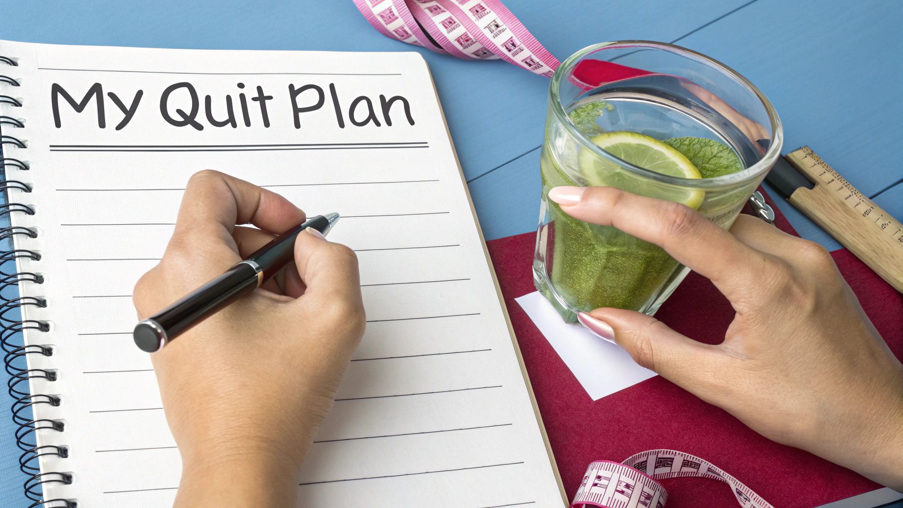 A person writes 'My Quit Plan' in a notebook, with a healthy green drink and a measuring tape.