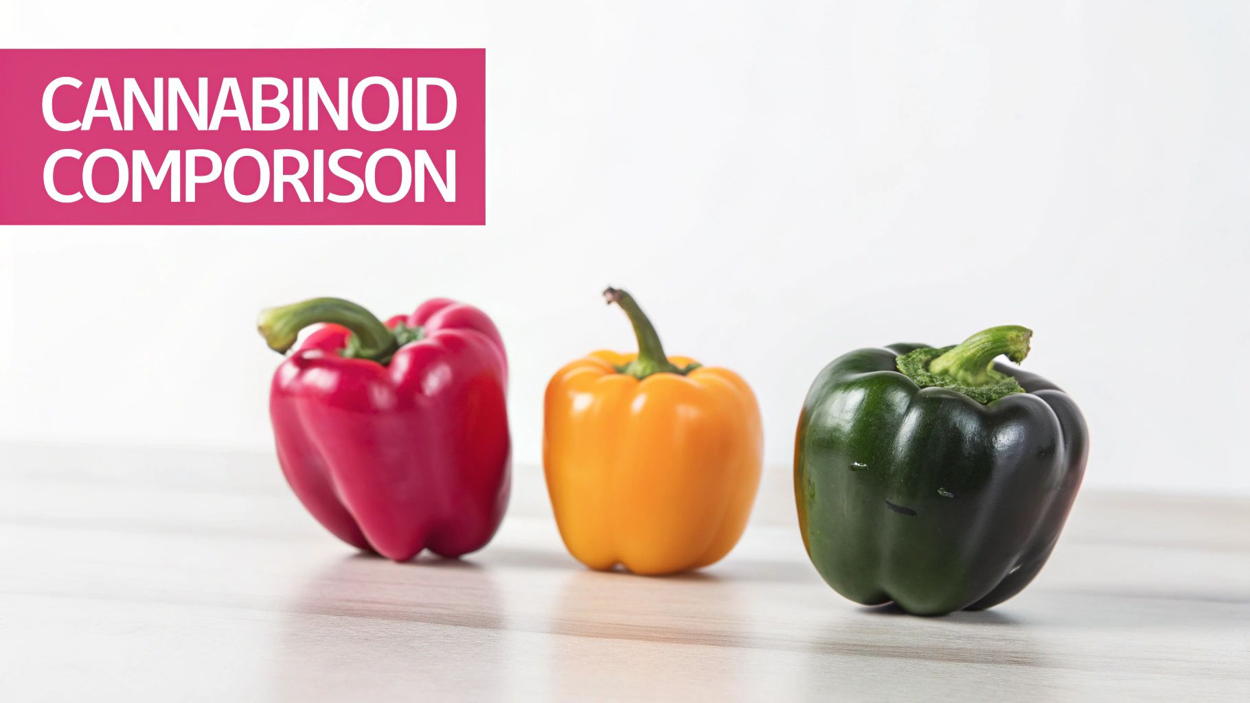 Three colorful bell peppers (red, yellow, green) on a table with a 'CANNABINOID COMPARISON' text overlay.