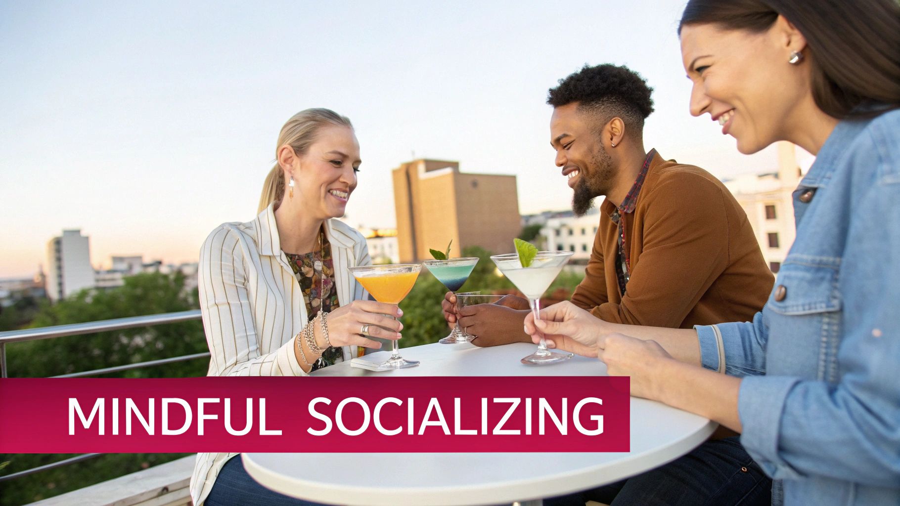 Three smiling friends enjoying non-alcoholic cocktails on a rooftop patio, practicing mindful socializing.