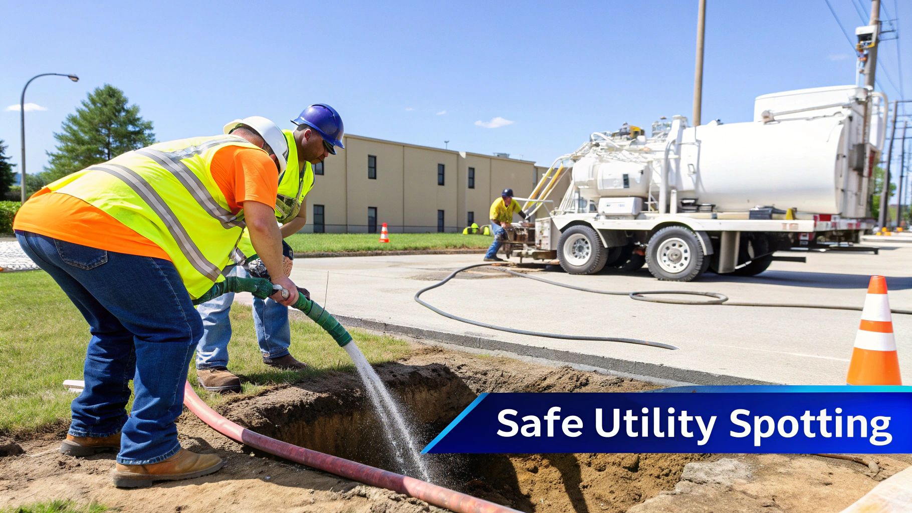 Workers in safety gear hydro excavate a trench to expose underground utilities for safe spotting.
