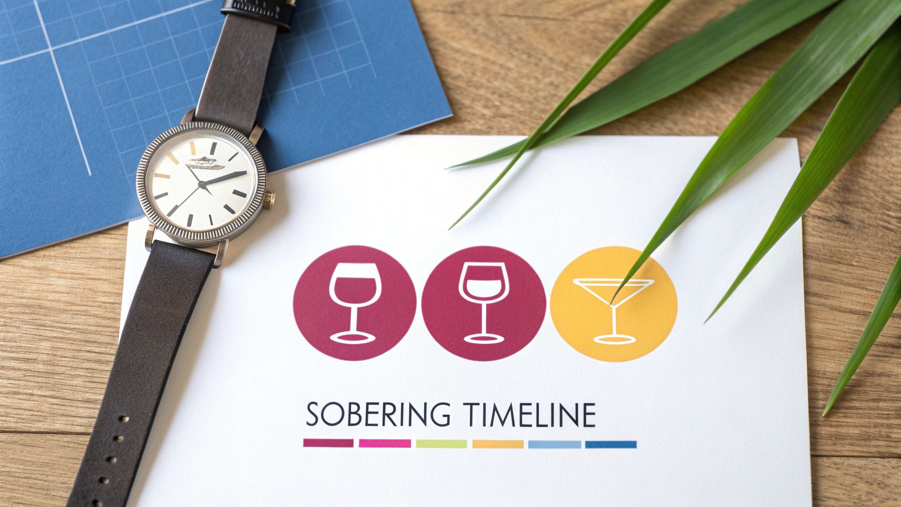 A flat lay shows a watch, green leaves, and a document titled 'SOBERING TIMELINE' with wine glass icons on a wooden table.