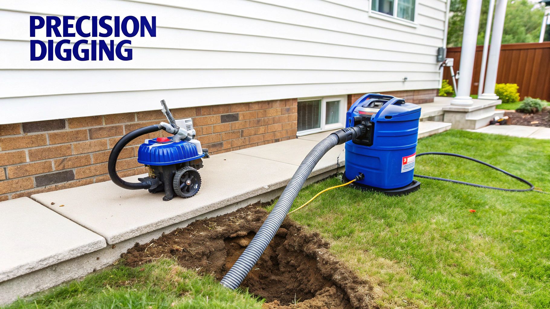 Two blue vacuum excavation machines precisely digging a hole next to a house foundation.