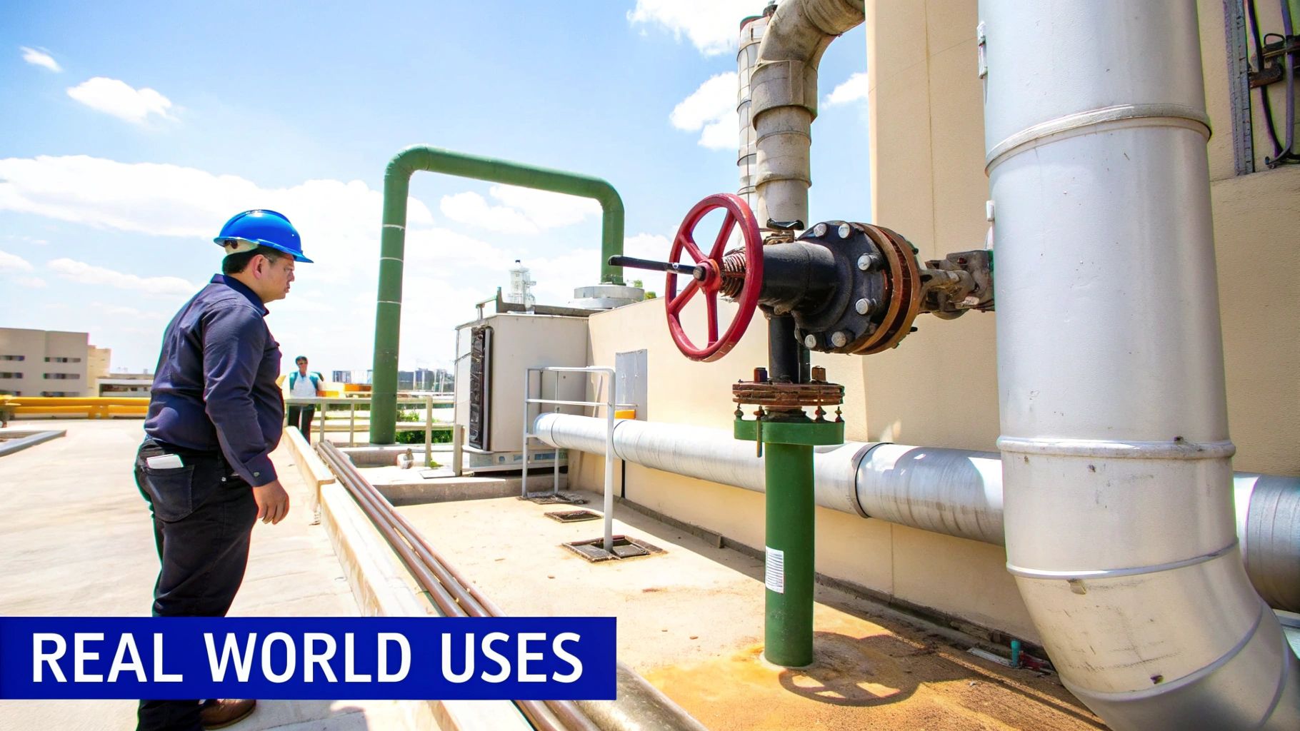An engineer in a blue hard hat inspecting large industrial pipes and a red valve on a sunny rooftop.