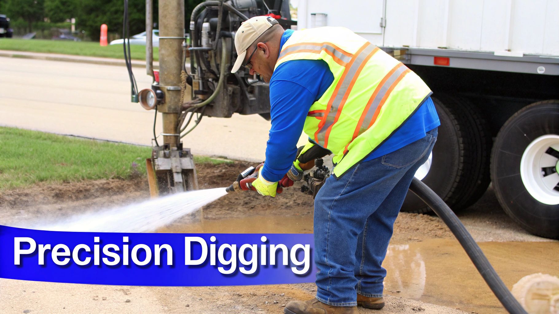 A worker in a high-visibility vest uses a water hose for precision hydro excavation near heavy machinery.