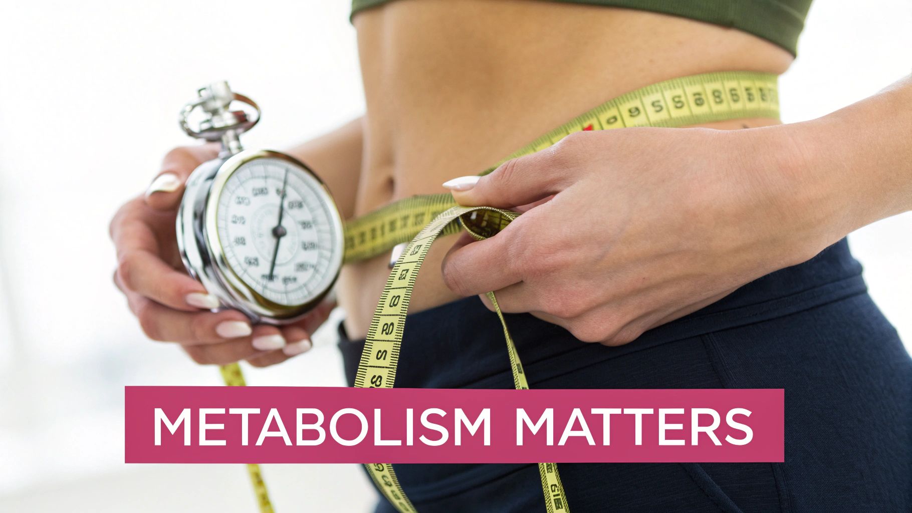 A person measuring their waist with a tape measure and holding a stopwatch, with 'METABOLISM MATTERS' text.