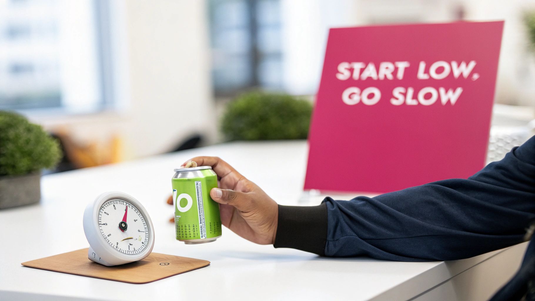 A person holds a green low-dose THC drink can next to a timer and a 'Start Low, Go Slow' sign.