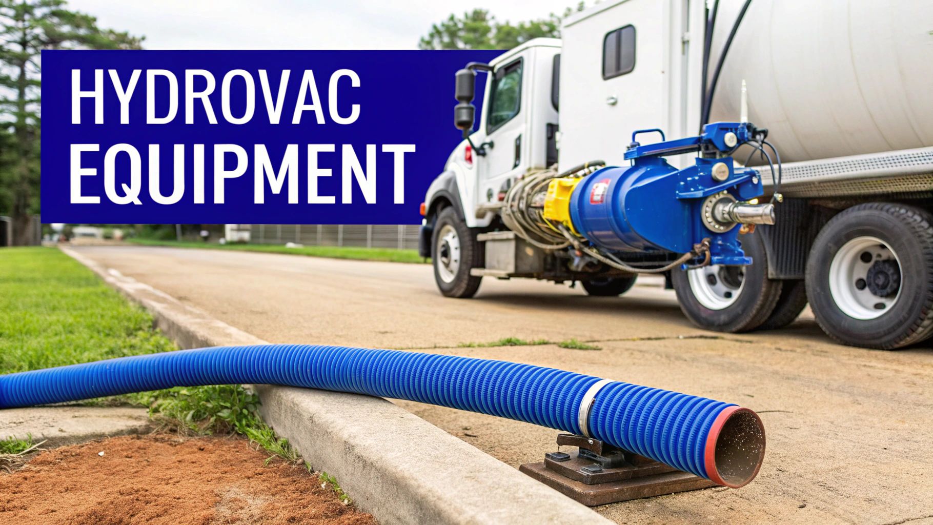 A white hydrovac truck with a large blue hose on the ground, showcasing excavation equipment.