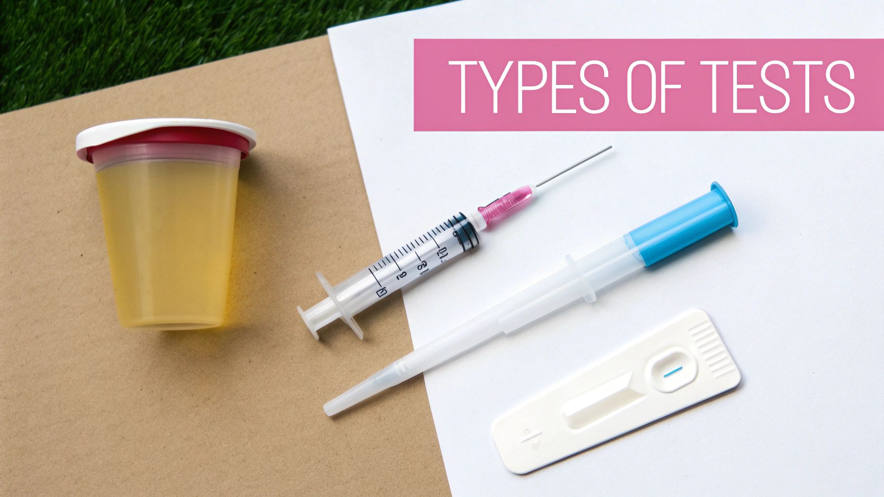 A collection of medical test supplies, including a urine sample cup, syringes, and a rapid test strip, with the text 'TYPES OF TESTS'.