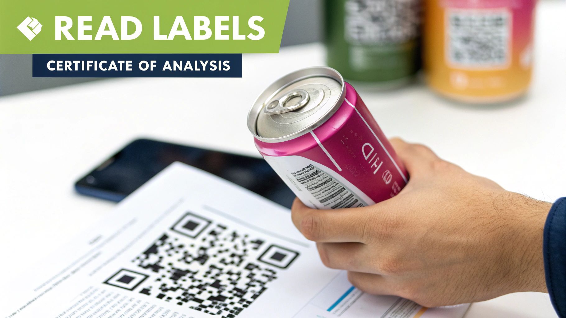 A hand holds a pink beverage can over a document displaying QR codes and a 'Certificate of Analysis' label.
