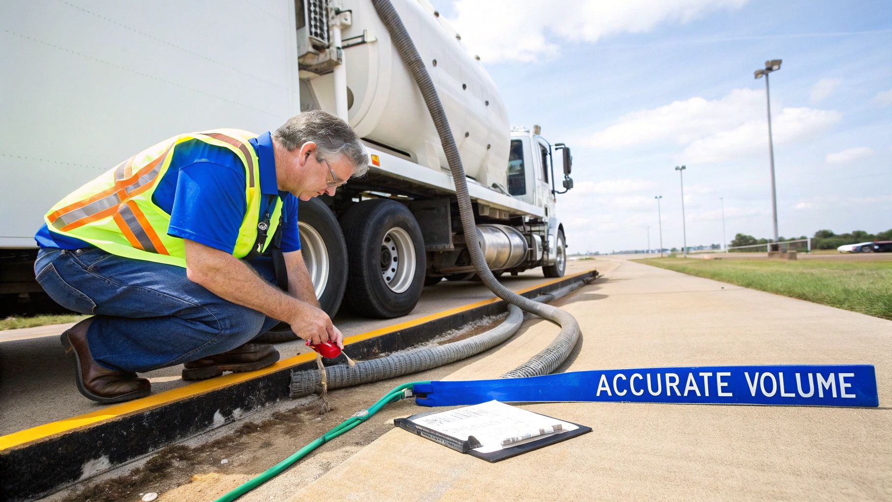 Man in safety vest connects green hose to a large industrial pipe system by a white truck, with "ACCURATE VOLUME" sign.