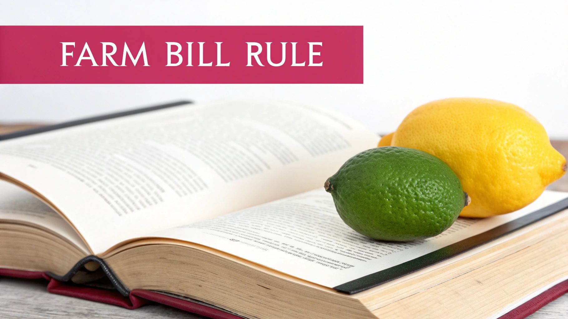 An open book with a lime and lemon on top, beneath a banner reading 'FARM BILL RULE'.
