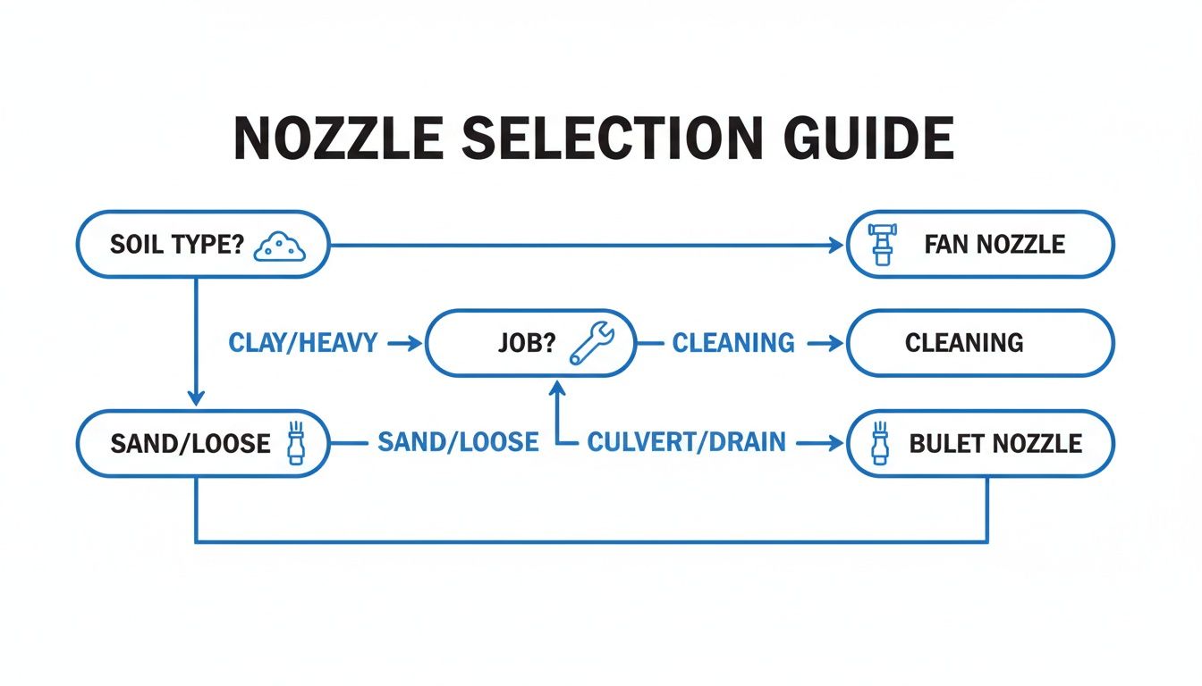 Flowchart showing nozzle selection guide based on soil type (clay/heavy, sand/loose) and job (cleaning, culvert/drain).